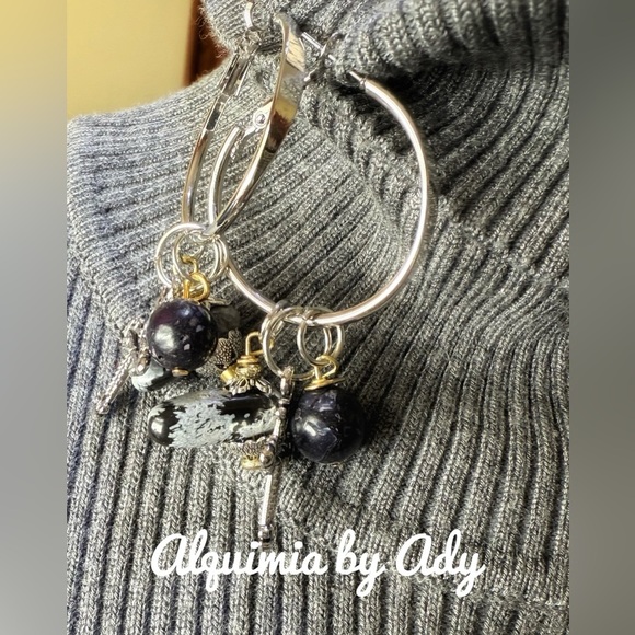 Snowflake obsidian and silver cross charms silver hoop dangle earrings - Picture 1 of 2
